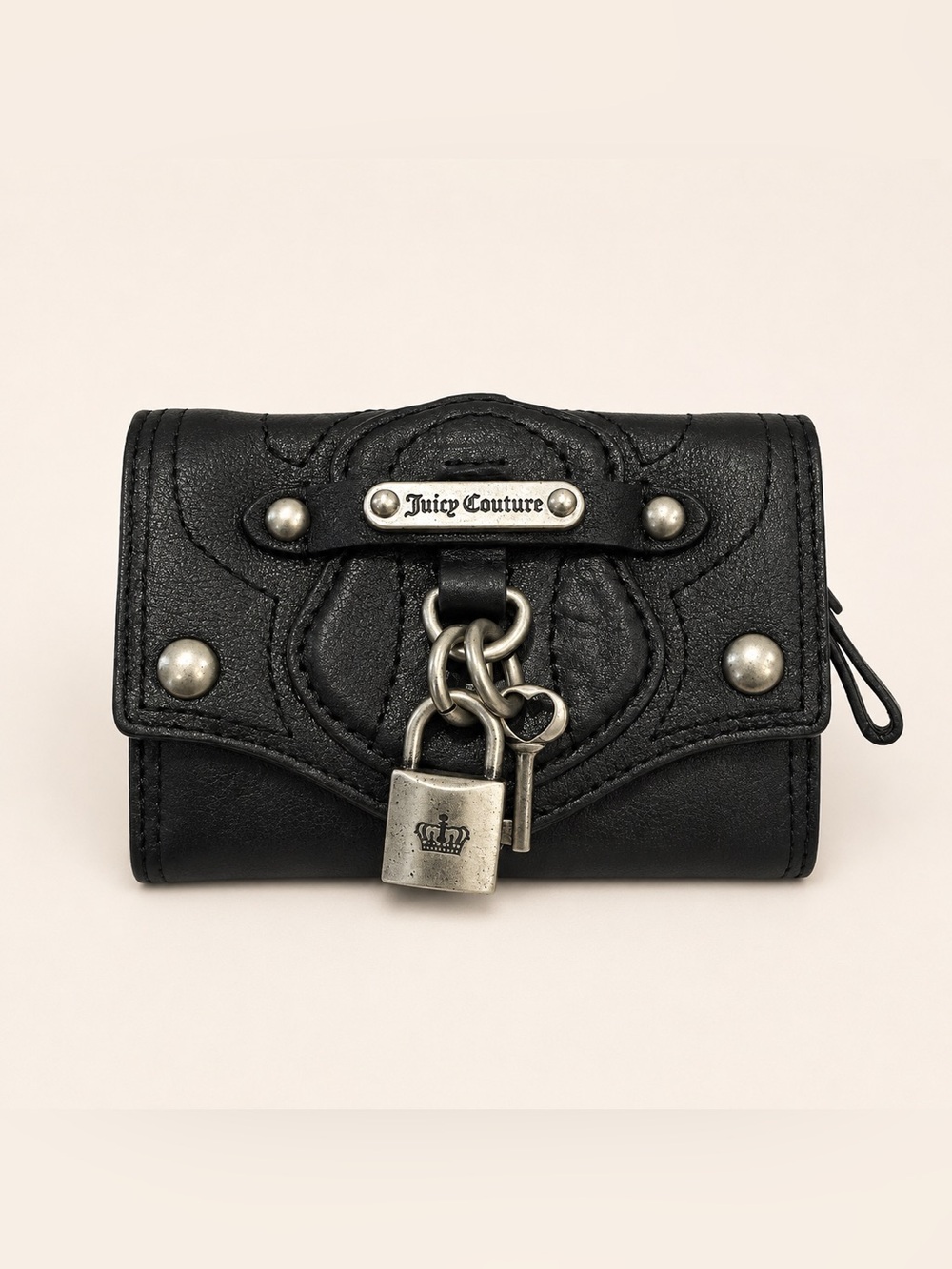 Vintage Juicy Couture Black Leather Wallet Keychain Zip Coin Purse